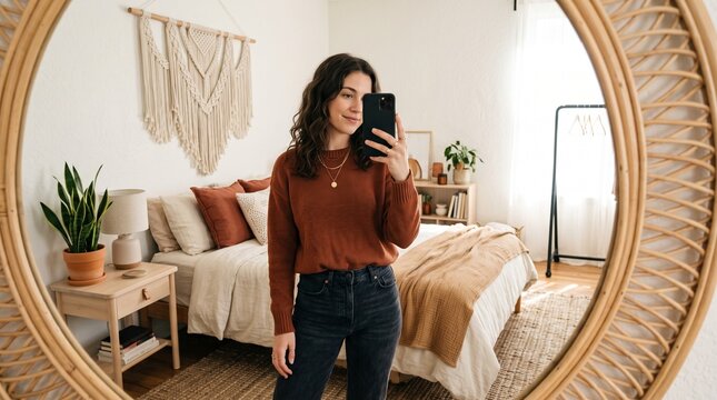 Mirror selfie lifestyle, cozy boho apartment styling, natural textures and polished decor, lifestyle interior, for warm interior campaigns, cozy design, warm editorial