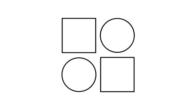 Minimalist geometric layout presenting two outline squares and two circles arranged symmetrically in a grid format.