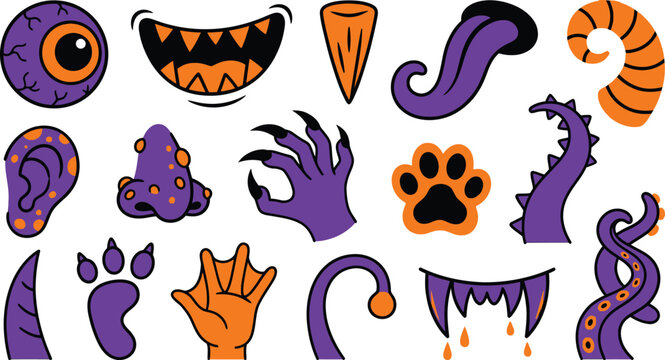 Cartoon monster parts collection including eyes teeth claws and horns isolated on transparent background