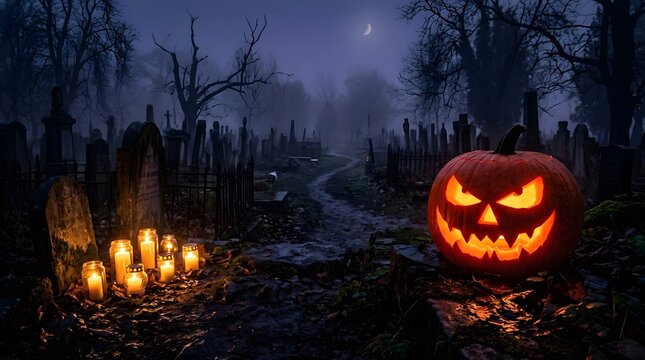 A spooky halloween night scene featuring a jack o' lantern candles and a mysterious dark and eerie forest backdrop