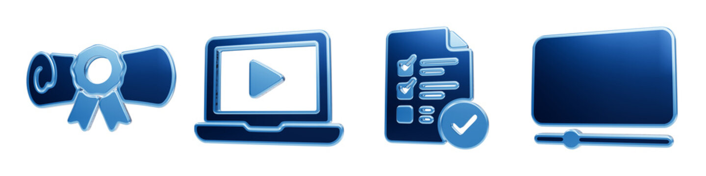 Educational blue 3d icons set representing diploma, laptop with video, checklist, and video player for online learning