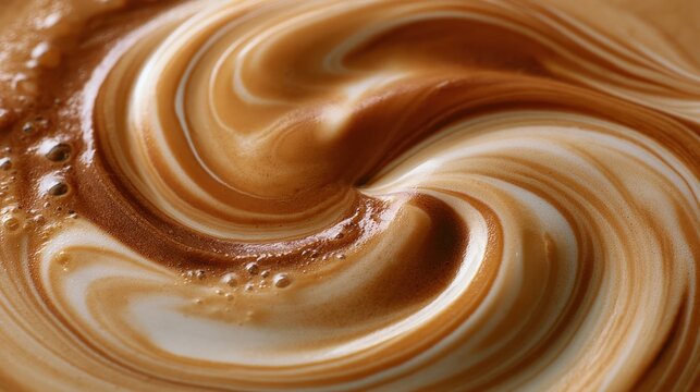 Latte art with swirling espresso crema and milk foam forming a yin yang inspired pattern in warm brown and cream tones