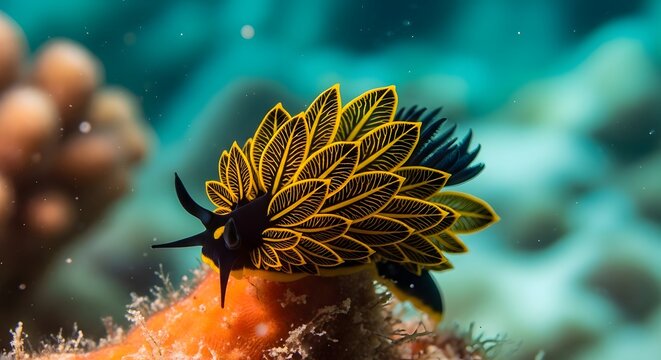 Vibrant yellow leaf-patterned nudibranch crawls on coral reef with selective focus during underwater exploration