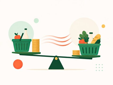 Balanced grocery baskets and coins illustrate food price comparison, shopping costs, budgeting and consumer purchasing decisions