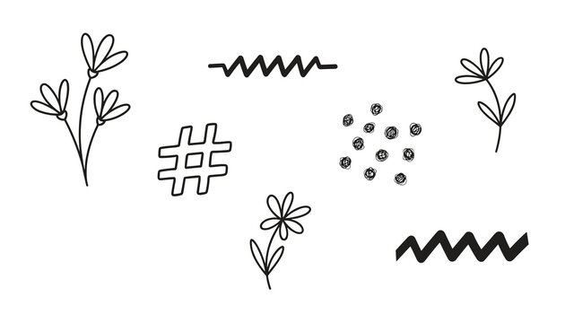 Selection of hand drawn black doodles containing delicate flowers, zigzags, dots, and hashtag sign on white.