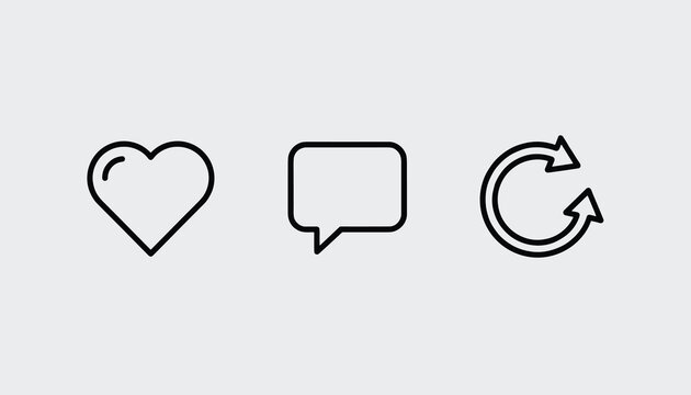 Minimal outline social media icons representing like comment and share options on a light grey gradient background.