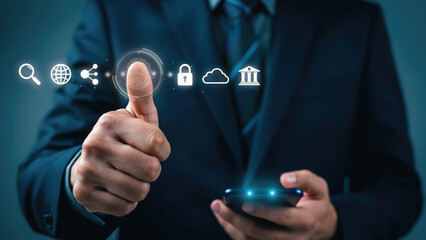 Obraz premium Businessman in a suit using biometric fingerprint authentication technology on a digital interface screen with scanner interface with suit interacts