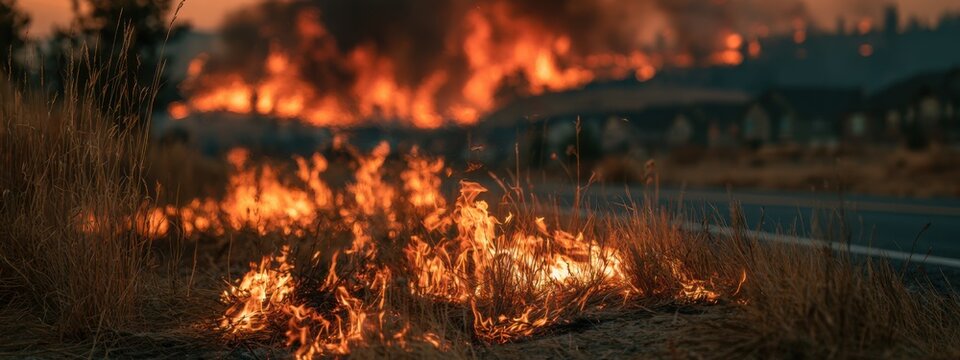 Wildfire spreads across land near residential area during sunset