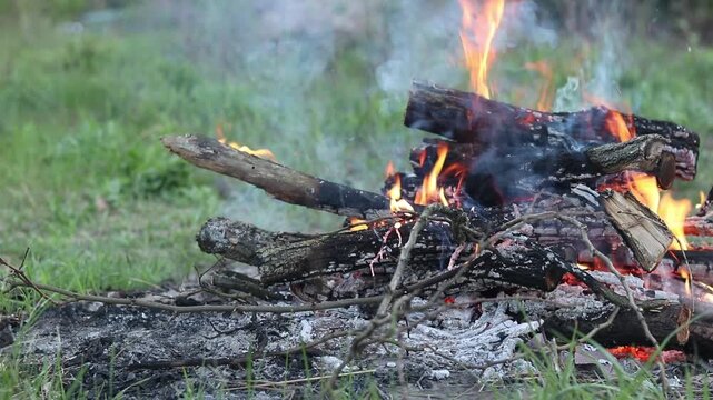 Warm and cozy bonfire in nature close-up. Burning logs turning into coals and ashes under the influence of fire. Concept of relaxation away from civilization, travel and camping. Close-up of a bonfire