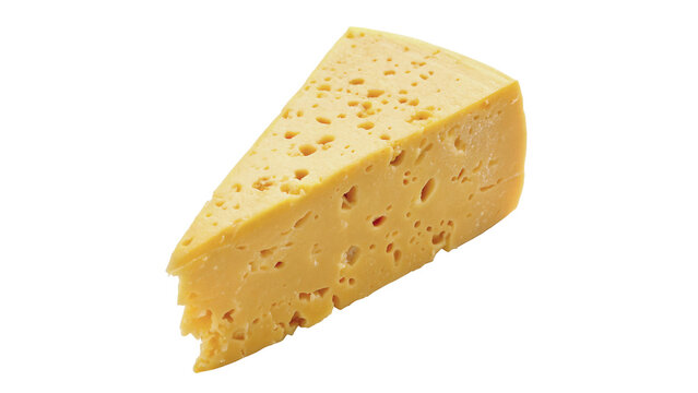 Piece of yellow Swiss cheese triangle slice isolated on transparent background for traditional dairy product grocery packaging graphics.