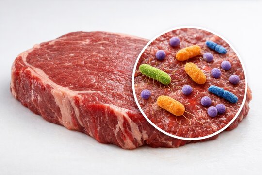 Raw beef steak with magnified view of harmful bacteria illustrating food contamination and food safety risk