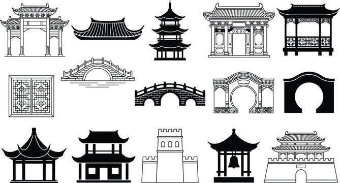 Collection of vintage asian architectural elements and structures isolated on transparent background