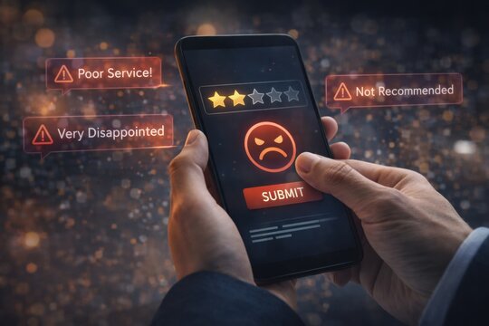 Negative customer review on smartphone screen with low rating feedback and poor service complaint concept