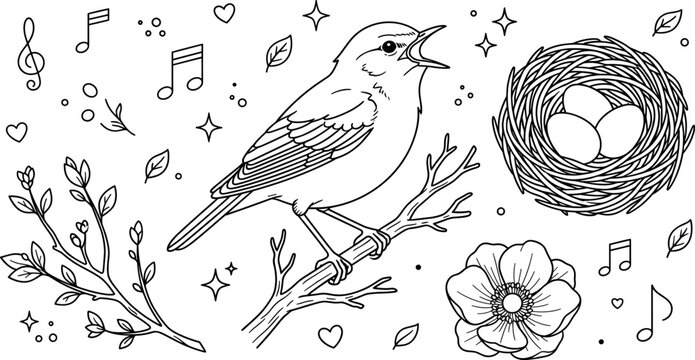 Singing nightingale bird perched on branch black line icon set with nest eggs musical notes on white background