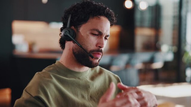Man, headset and talking with remote work for call center, sales or telecom with lead generation. Person, WFH consultant and conversation for communication, telemarketing and mic for CRM at house