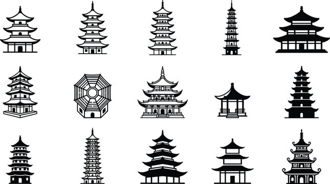 Collection of asian pagodas and traditional towers isolated on transparent background