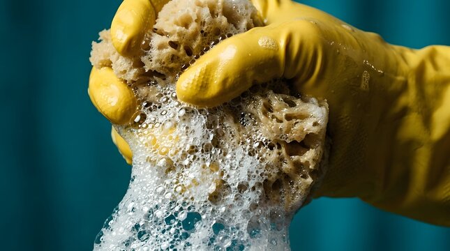 Yellow rubber gloves cleaning a dirty sponge with soap bubbles