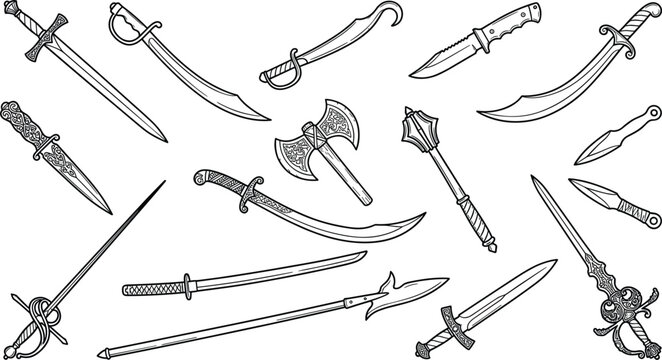 Set of medieval and historical melee weapons line art including swords daggers battle axe mace and spear isolated on white (19 words)