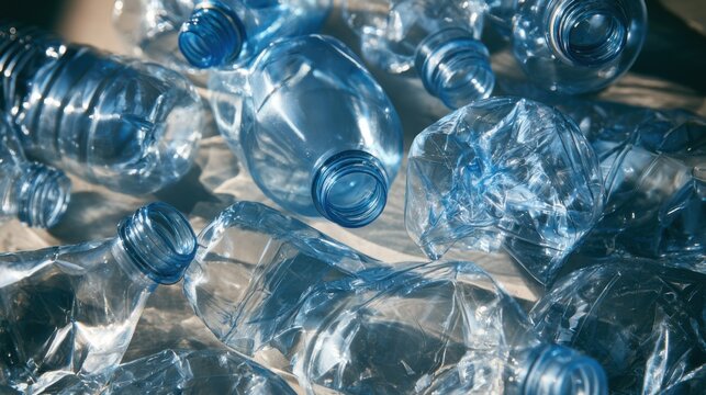Plastic water bottles discarded on a surface showing different states of crumpling and damage in natural light during daytime