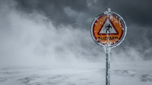 Blizzard warning sign standing tall amidst a severe snowstorm with heavy winds and icy conditions on a cold winter day