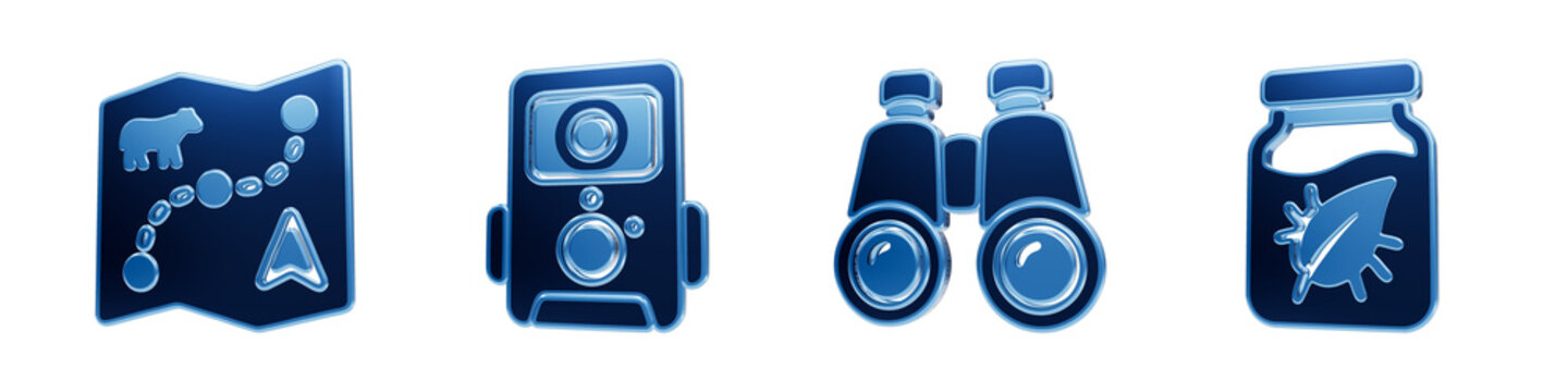 Blue glossy web icon set representing outdoor nature expedition and wildlife observation tools