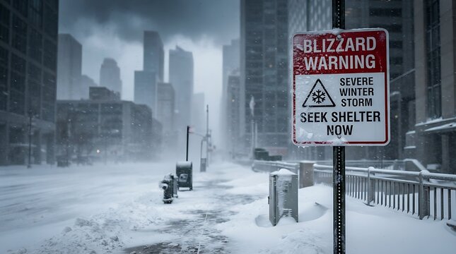 Blizzard warning metal sign standing on a snowy urban sidewalk during a heavy winter storm in a cold grey city