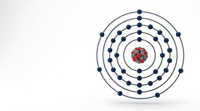 Atomic structure model showing a central nucleus surrounded by multiple orbital rings containing dark blue electrons on white background space