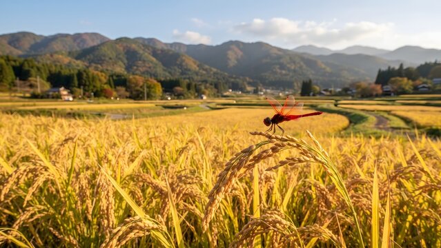 Red Dragonfly Resting on a Rice Panicle in a Golden Autumn Rice Field