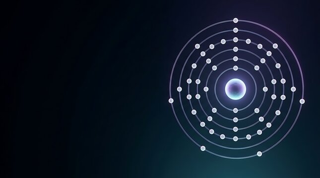 Atomic structure visualization featuring glowing particles orbiting a central nucleus against a deep dark navy blue futuristic digital background space