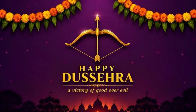 Happy Dussehra festival banner with golden bow arrow and temple silhouette on purple background.