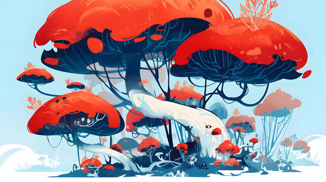 Surreal illustration of giant red mushrooms in a fantasy landscape with blue artistic details