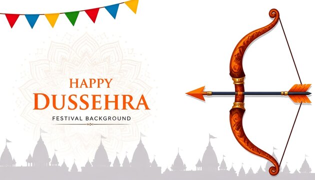Happy Dussehra festival background banner with wooden bow arrow and temple silhouette.