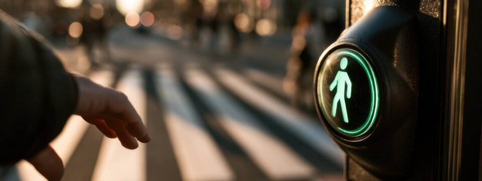 Walking signal turns green for pedestrians at a crosswalk in the city during late afternoon