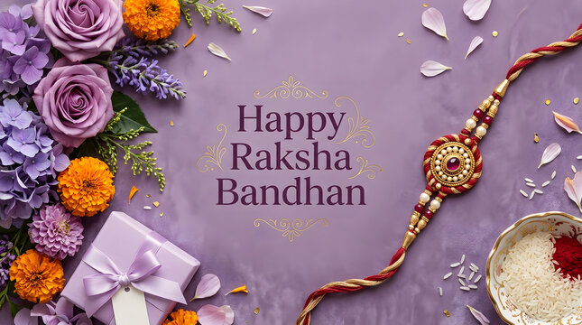 Happy Raksha Bandhan greeting card with flowers and traditional rakhi bracelet.