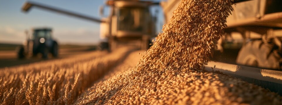 Farmers work to harvest wheat during the late afternoon in large fields in the countryside