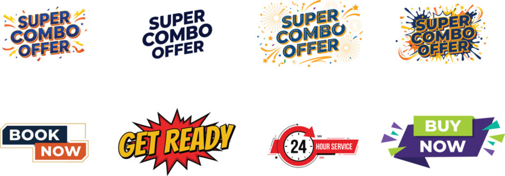 Collection of colorful promotional labels and banners isolated on transparent background