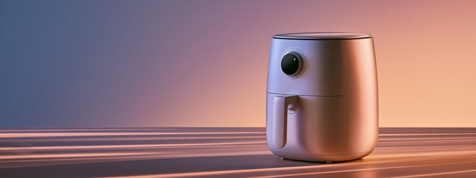 Air fryer on a table with soft lighting during evening hours