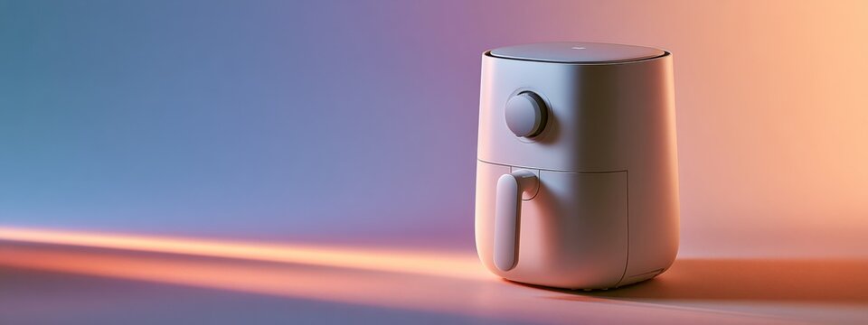 An air fryer on a table with a colorful gradient background during the evening time