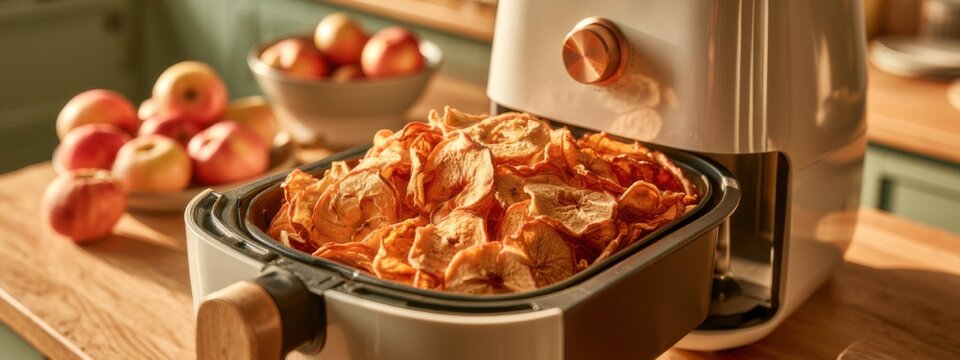 Making apple chips in a kitchen with a food dehydrator and fresh apples on the counter