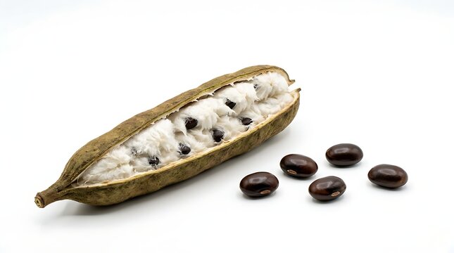Open kapok fruit pod revealing soft white silky fibers and dark smooth seeds isolated against a clean bright white background