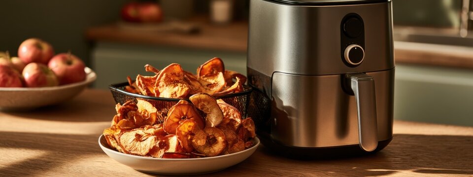 Making apple chips in an air fryer at home during the afternoon