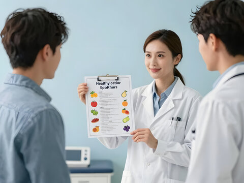 Female Asian nutritionist holding healthy eating chart while consulting patient in modern clinic medical office