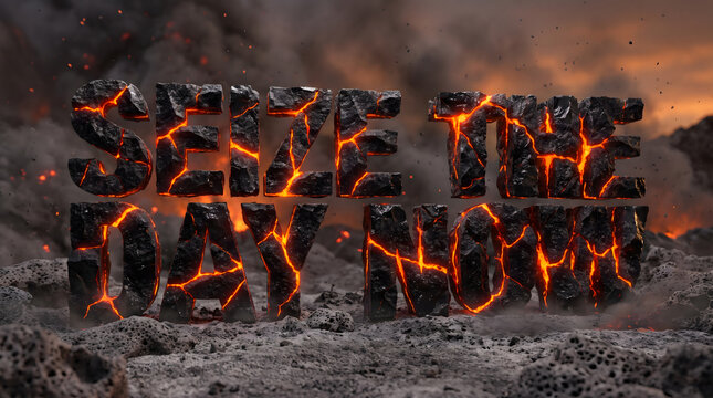 Seize The Day Now Glowing Lava Rock Text