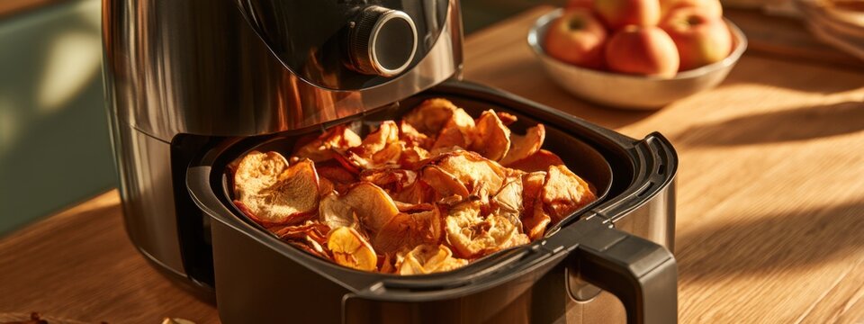 People prepare apple chips using an air fryer on a wooden kitchen table in the afternoon