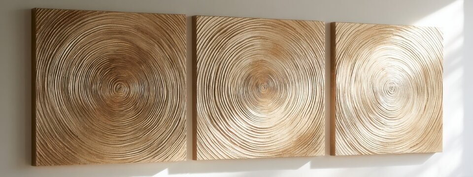 Artwork with circular patterns on three panels displayed on a wall in a bright room