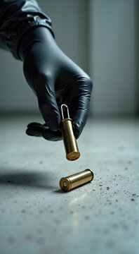 Hand in black glove collecting a brass bullet casing from a concrete floor. Forensic evidence gathering at a crime scene