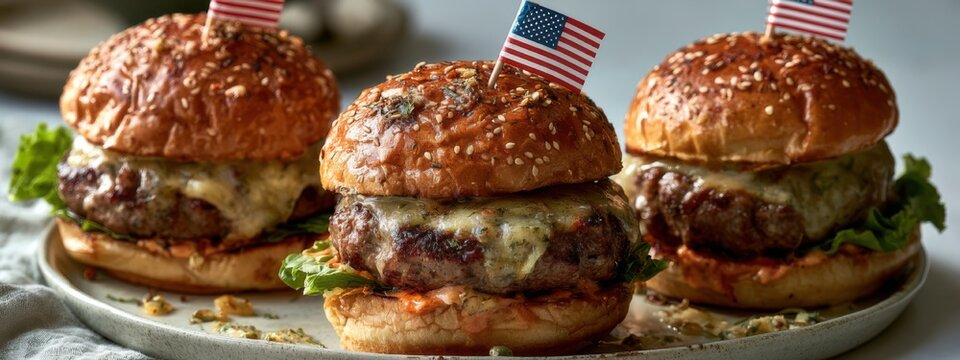 Three hamburgers with flags on a plate during a summer cookout meal