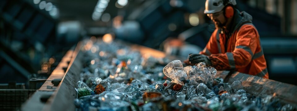 Workers sort plastic waste at a recycling facility during daylight hours in a busy industrial setting