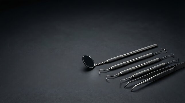 Stainless steel dental hygiene instruments arranged neatly on a dark matte surface captured with cinematic soft lighting for clinical aesthetic
