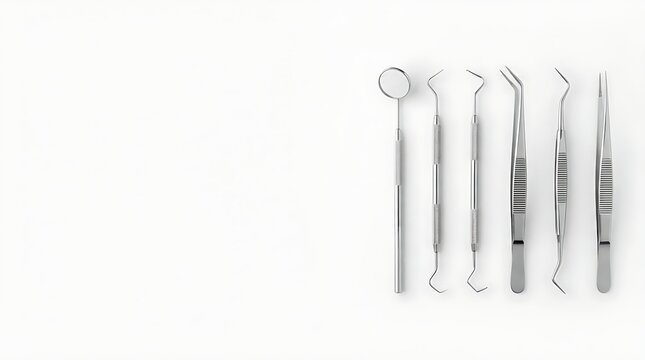 Dental examination tools arranged in a row featuring stainless steel instruments like probes mirrors and tweezers on clean white background
